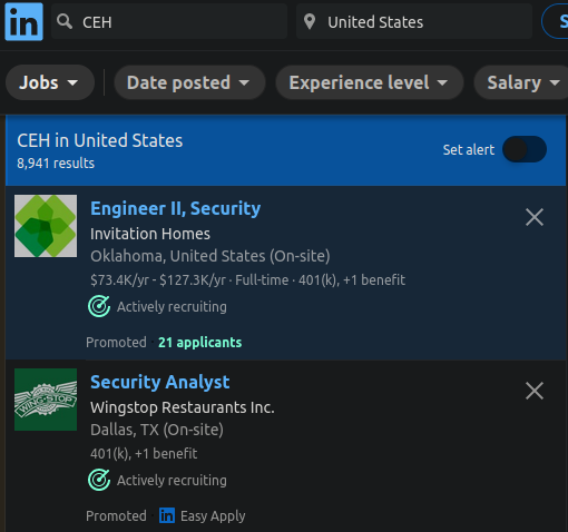 CEH job postings on LinkedIn