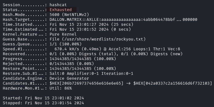 dallon.matrix password hash crack failure