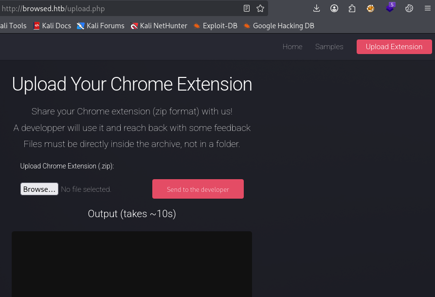 Browsed extension upload page