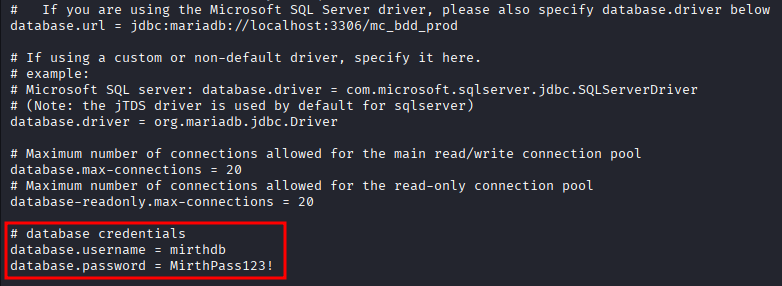 Mirth database credentials