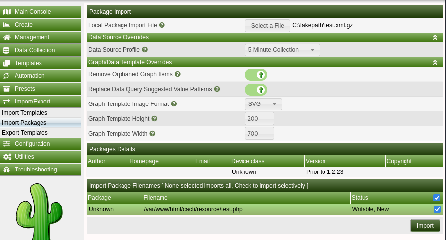 cacti package import