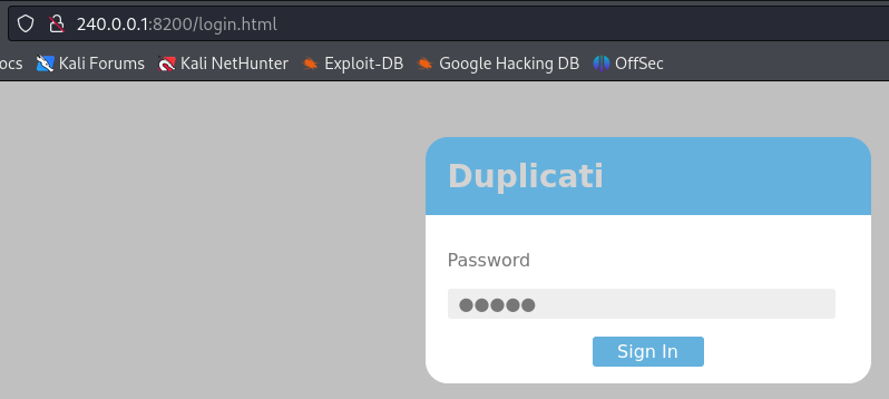 Duplicati login page