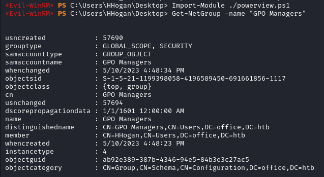 PowerView used to enumerate the GPO Managers group