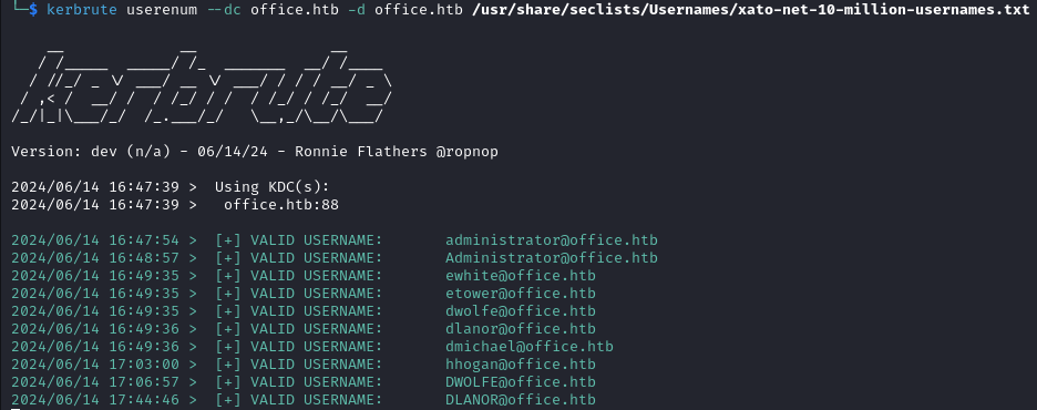 Valid usernames found with Kerbrute