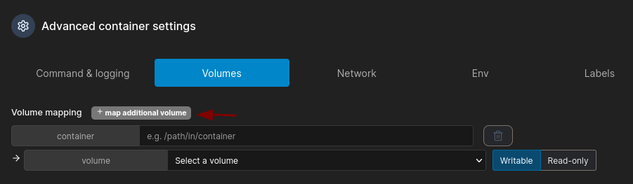 Advanced container settings, volume section