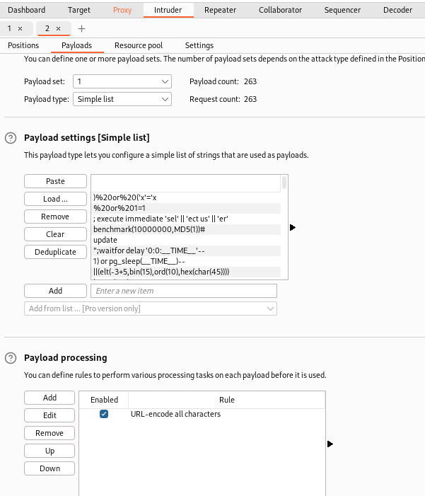 Burp Intruder SQLi settings