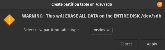 GParted Create New Partition Table