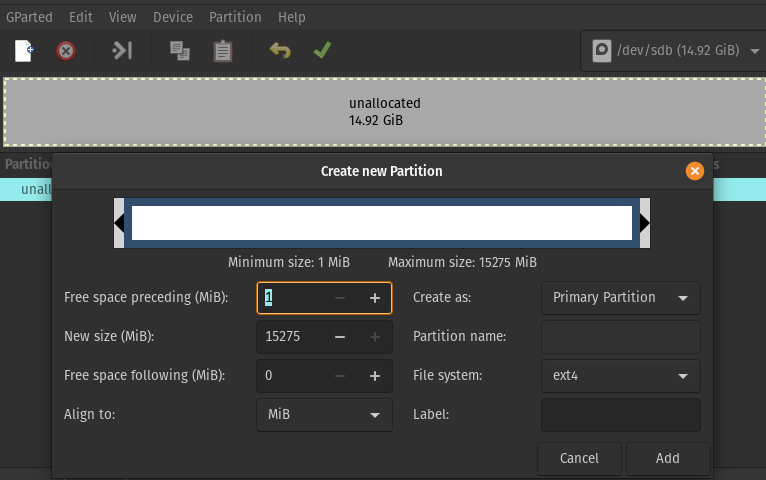 GParted Create a New Partition